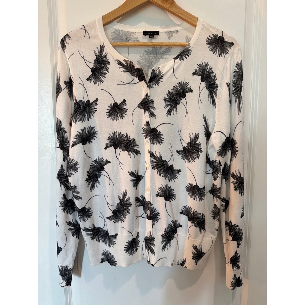Talbots Charming Cardigan Chrysanthemum Blooms White Black Floral Sweater Large